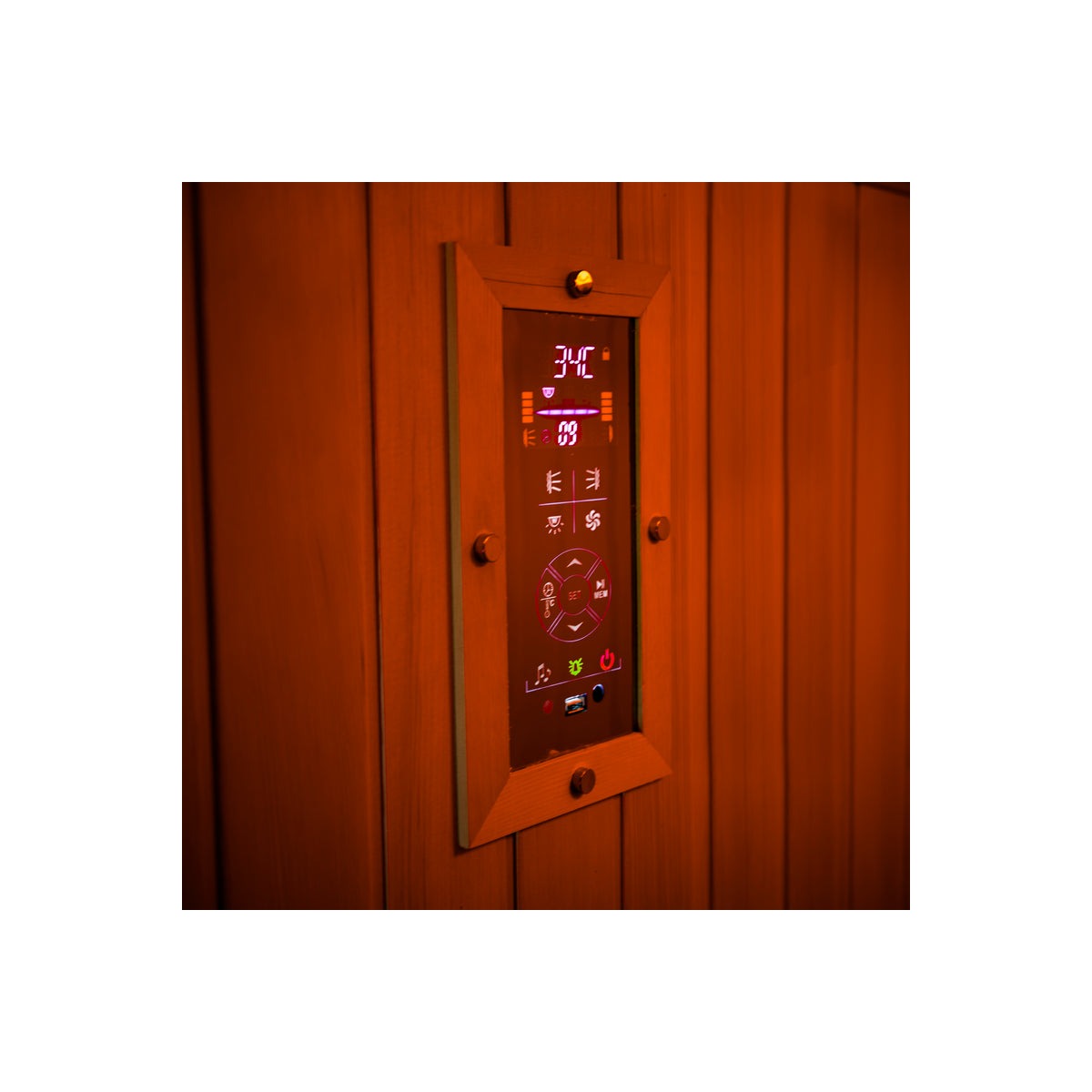 Touch control panel display inside Retreat infrared sauna (SRA200).