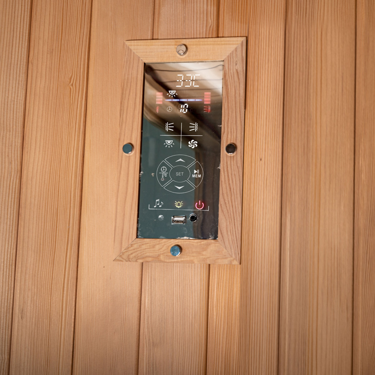 Touch control panel display inside Retreat infrared sauna (SRA200).