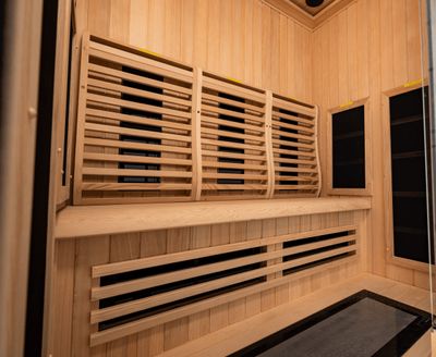 Interior bench and infrared heaters inside Studio sauna (SRA100-A).