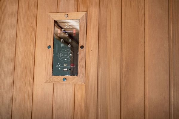 Touch control panel inside Studio infrared sauna (SRA100-A).